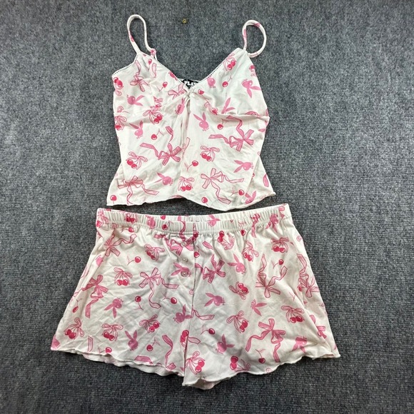 PLAYBOY Other - Playboy Pink Bunny Cherry Ribbon Pajama Set Camisole and Shorts White Medium